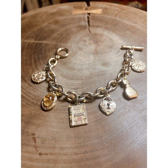 Gloria Vanderbilt Jewelry - Vintage Vanderbilt Gold-Tone Charm Bracelet W/ Amber & Intricate Charms